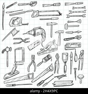 Hand draw construction tools sketch set Stock Vector