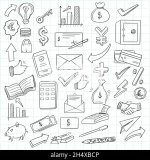 Hand draw business doodle icon set design Stock Vector