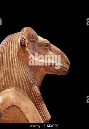 Egyptian statue rams head of Amun-Re, 1391-1353- reign Amenhotep III,  . Louvre Museum AF 2577.  sully room 324.   Amun (also Amon, Ammon, Amen} was a Stock Photo