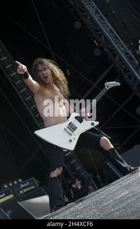 Joel O'Keeffe of Airbourne performing live at Download Festival in Donnington Park, Leicestershire. Stock Photo