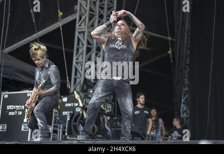 Bradley James 'Dez' Fafara and Miguel RascÃ³n of Coal Chamber performing live at Download Festival in Donnington Park, Leicestershire. Stock Photo