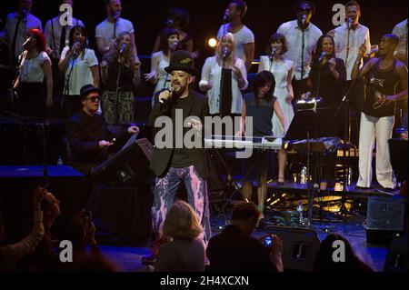 Boy George in concert joining Yoko Ono on stage during Meltdown Festival performing Double Fantasy, the last album to be written by John Lennon and Yoko Ono before John's death - London Stock Photo