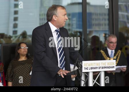 Cllr Ian Ward, Deputy Leader, Birmingham City Council, speaking at the opening day of the new Library of Birminghamntenerary Square on 3rd September 2013 - Birmingham Stock Photo