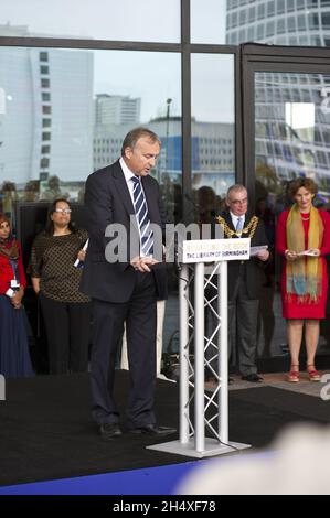 Cllr Ian Ward, Deputy Leader, Birmingham City Council, speaking at the opening day of the new Library of Birminghamntenerary Square on 3rd September 2013 - Birmingham Stock Photo
