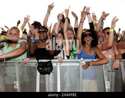 People dancing at Global Gathering festival - Stratford Upon Avon Stock Photo