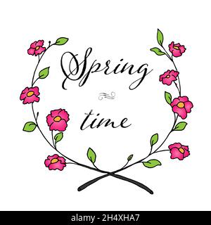 Wreath from branches with flowers on a white background, spring time concept, vector illustration Stock Vector