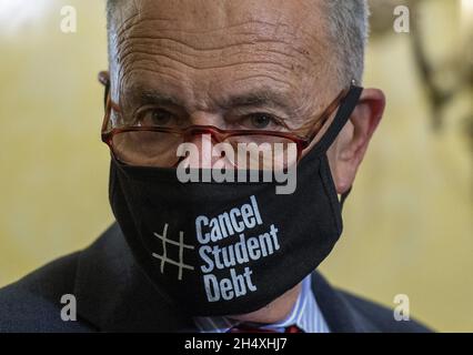 Washington, United States. 05th Nov, 2021. Senate Majority Leader Chuck Schumer, D-NY, looks on during a press conference on the COVID-19 pandemic's effect on the global supply chain at the US Capitol in Washington, DC., on Thursday, November 4, 2021. Photo by Bonnie Cash/UPI. Credit: UPI/Alamy Live News Stock Photo