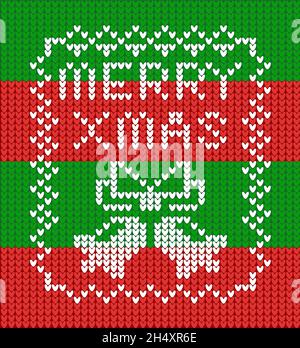 Knitting pattern in ugly sweater style with jingle bells and Merry Xmas text Stock Vector