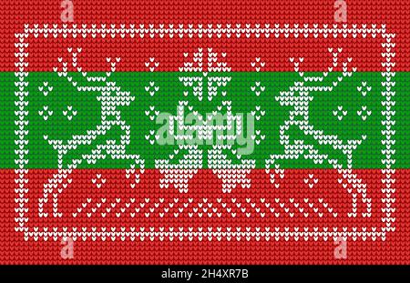 Knitting pattern in ugly sweater style with jingle bells and Christmas reindeers Stock Vector