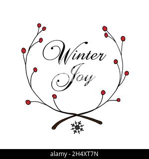 Wreath from branches with red winter berries on a white background, winter joy concept, vector illustration Stock Vector