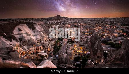 Beautiful scenes in Goreme national park in the valley Cappadocia, Turkey at night. Incredible rock formations Stock Photo