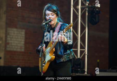 Stina Marie Claire Tweeddale of Honeyblood performing live on day 3 of Liverpool Sound City festival at Bramley-Moore Docks on May 24, 2015 in Liverpool, United Kingdom Stock Photo