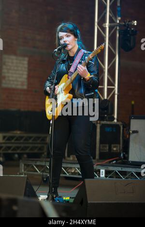 Stina Marie Claire Tweeddale of Honeyblood performing live on day 3 of Liverpool Sound City festival at Bramley-Moore Docks on May 24, 2015 in Liverpool, United Kingdom Stock Photo