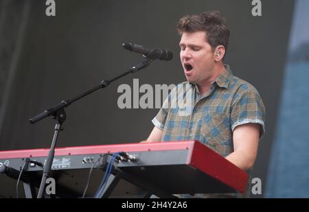 Roy Stride of Scouting For Girls performs on stage on day 1 of V Festival on August 22 2015 at Weston Park, Staffordshire, UK Stock Photo