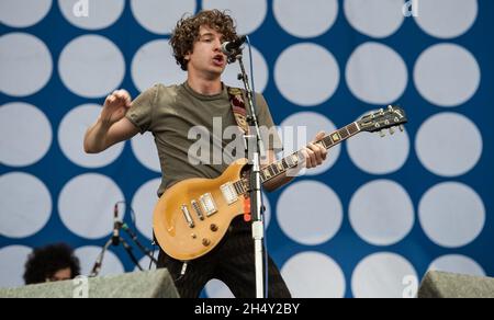 Luke Pritchard of The Kooks performs on stage on day 1 of V Festival on August 22 2015 at Weston Park, Staffordshire, UK Stock Photo