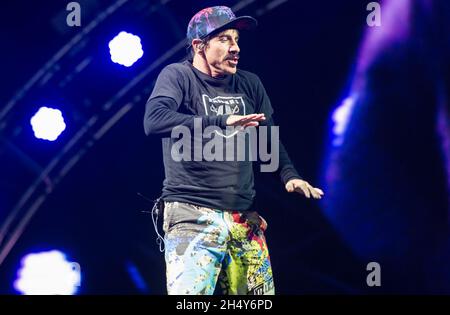 Anthony Kiedis of Red Hot Chilli Peppers performing live on stage at T in the Park festival on July 10 2016 in Strathallan Castle in Scotland, United Kingdom. Stock Photo