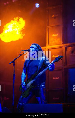 Tom Araya of Slayer performing live on stage at Bloodstock festival on August 14 2016 at Catton Hall, United Kingdom. Stock Photo