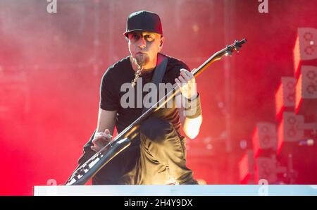 Shavo Odadjian of System of a Down performing live on stage on day 1 of Download Festival  at  Donington Park, UK. Picture date: Friday 09 June, 2017. Photo credit: Katja Ogrin/ EMPICS Entertainment. Stock Photo