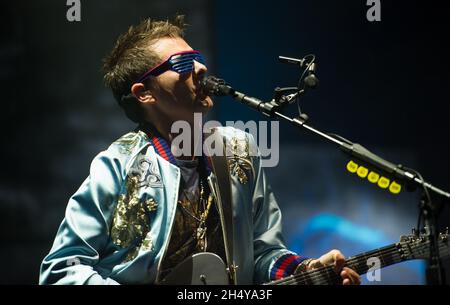 Matt Bellamy of Muse performing live on stage during Leeds Festival 2017 at Bramham Park, Yorkshire, UK. Picture date: Friday 25 August, 2017. Photo credit: Katja Ogrin/ EMPICS Entertainment. Stock Photo