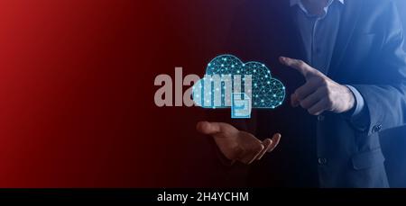 Cloud technology. Polygonal wireframe cloud storage sign with document icon on dark blue. Cloud computing, big data center, future infrastructure, dig Stock Photo