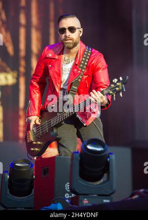 Johnny Christ of Avenged Sevenfold headlines on the main stage on day 1 of Download Festival at Donington Park on June 08, 2018 in Castle Donington, England. Picture date: Friday 08 June, 2018. Photo credit: Katja Ogrin/ EMPICS Entertainment. Stock Photo