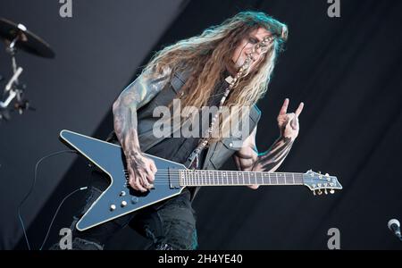 Randy Weitzel of In This Moment performs live on stage on day 3 of Download Festival at Donington Park on June 10, 2018 in Castle Donington, England. Picture date: Sunday 10 June, 2018. Photo credit: Katja Ogrin/ EMPICS Entertainment. Stock Photo