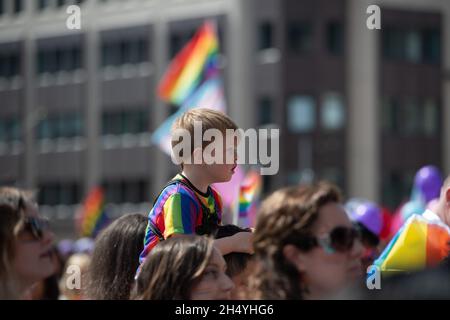 Revellers gather at Victoria Square for the start of the parade that kickstarts Birmingham Pride, UK's largest LGBTQ+ 2 day festival on 25 May 2019 in Birmingham, England. Picture date: Saturday 25 May, 2019. Photo credit: Katja Ogrin/ EMPICS Entertainment. Stock Photo