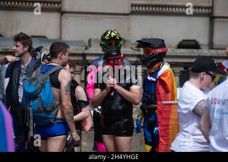 Revellers gather at Victoria Square for the start of the parade that kickstarts Birmingham Pride, UK's largest LGBTQ+ 2 day festival on 25 May 2019 in Birmingham, England. Picture date: Saturday 25 May, 2019. Photo credit: Katja Ogrin/ EMPICS Entertainment. Stock Photo
