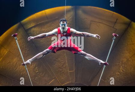 Cirque du Soleil cast members perform on stage during 'LUZIA' at Royal Albert Hall on January 11, 2020 in London, England.  Picture date: Saturday 11 January, 2020. Photo credit: Katja Ogrin/ EMPICS Entertainment. Stock Photo