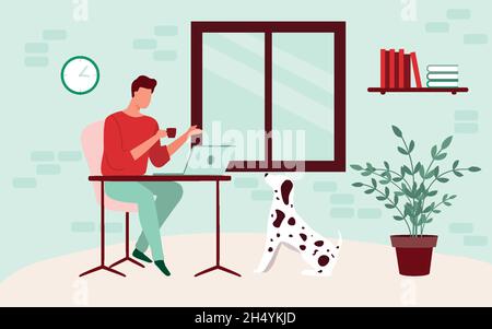 Freelancer works on a laptop. Home office workplace. Stock Vector