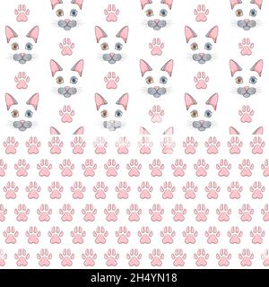 Set of seamless patterns with gray cat face and paw prints. Colored vector backgrounds on a white background. Stock Vector