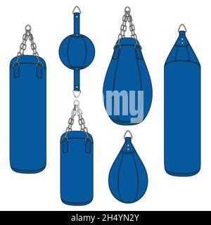 Set of color illustrations with a blue punching bag, boxing pears. Isolated vector objects on white background. Stock Vector