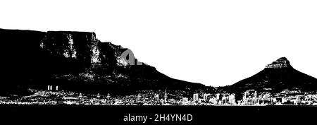 Silhouette of Table Mountain in black and white Stock Photo