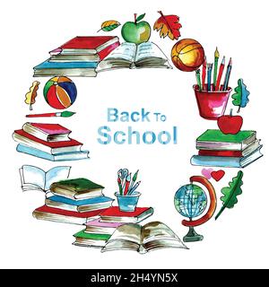 Realistic object watercolor back to school background Stock Vector