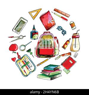 Back to school background with school object watercolor Stock Vector