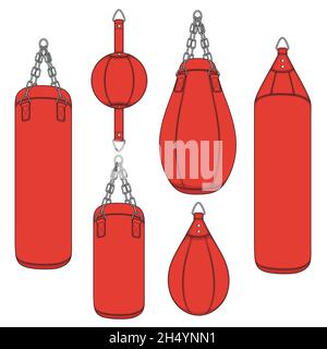 Set of color illustrations with a red punching bag, boxing pears. Isolated vector objects on white background. Stock Vector