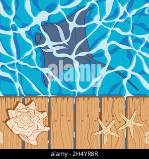 Marine color background with manta, starfish and seashell. Summer vector beach background. Stock Vector