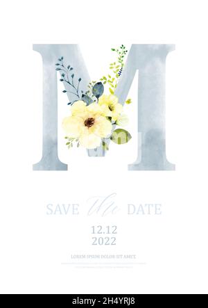 Gray watercolor of alphabet A decorated with yellow bouquet.  Watercolor hand-painted with floral and leaves design on a letter A. Suitable for save t Stock Vector