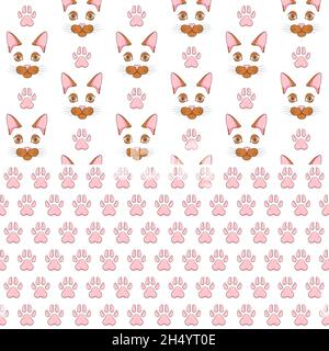 Set of seamless patterns with ginger cat face and paw prints. Colored vector backgrounds on a white background. Stock Vector