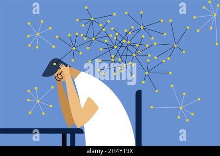 Illustration of a thinking man and a network of connections coming out from his brain Stock Vector