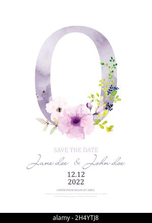 Purple watercolor of alphabet O decorated with floral bouquet. Watercolor hand-painted with flower and leaves design on a letter O. Suitable for weddi Stock Vector