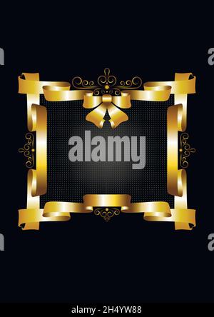 Vintage style square frame made of gold ribbons with a bow decorated with swirls with lighting on a black background Stock Vector