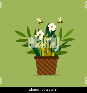 Illustration of honeybees flying around flowers in a flower vase Stock Vector