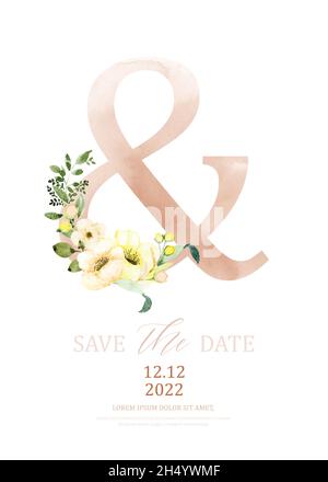 Orange watercolor of alphabet & decorated with floral bouquet. Watercolor hand-painted with flower and leaves design on a letter &. Suitable for weddi Stock Vector