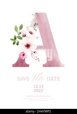 Pink watercolor of alphabet A decorated with bouquet.  Watercolor hand-painted with floral and leaves design on a letter A. Suitable for save the date Stock Vector