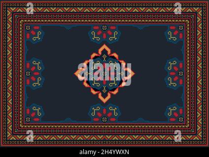 Bright vintage blue carpet with red petals and beige patterns along the edge and a red flower edged with pink petals in the center on a black backgrou Stock Vector
