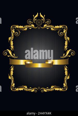 Rectangular vintage gold frame made of swirling petals with beads and swirls with ribbon on striped illuminated black background Stock Vector