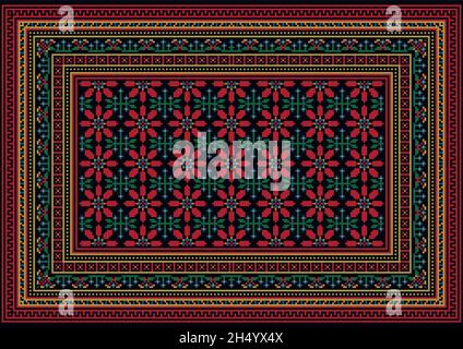 A colorful vintage rug in red shades with large flowers in the center and a patterned border around the edges against a black background. Stock Vector