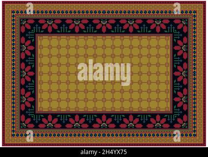 Beautiful vintage carpet in beige tones with a black frame of red flowers and small blue flowers with green leaves in the center on a white background Stock Vector