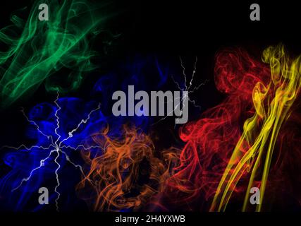 Smoke plume digital artwork design multi-coloured colored abstract image on black background for vivid impact multiple uses can rotate or flip image Stock Photo